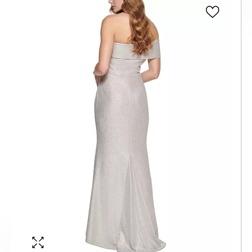 Eliza J Off-the-Shoulder Short Sleeve Side Ruched Foiled Knit Sheath Gown - Picture 2 of 11